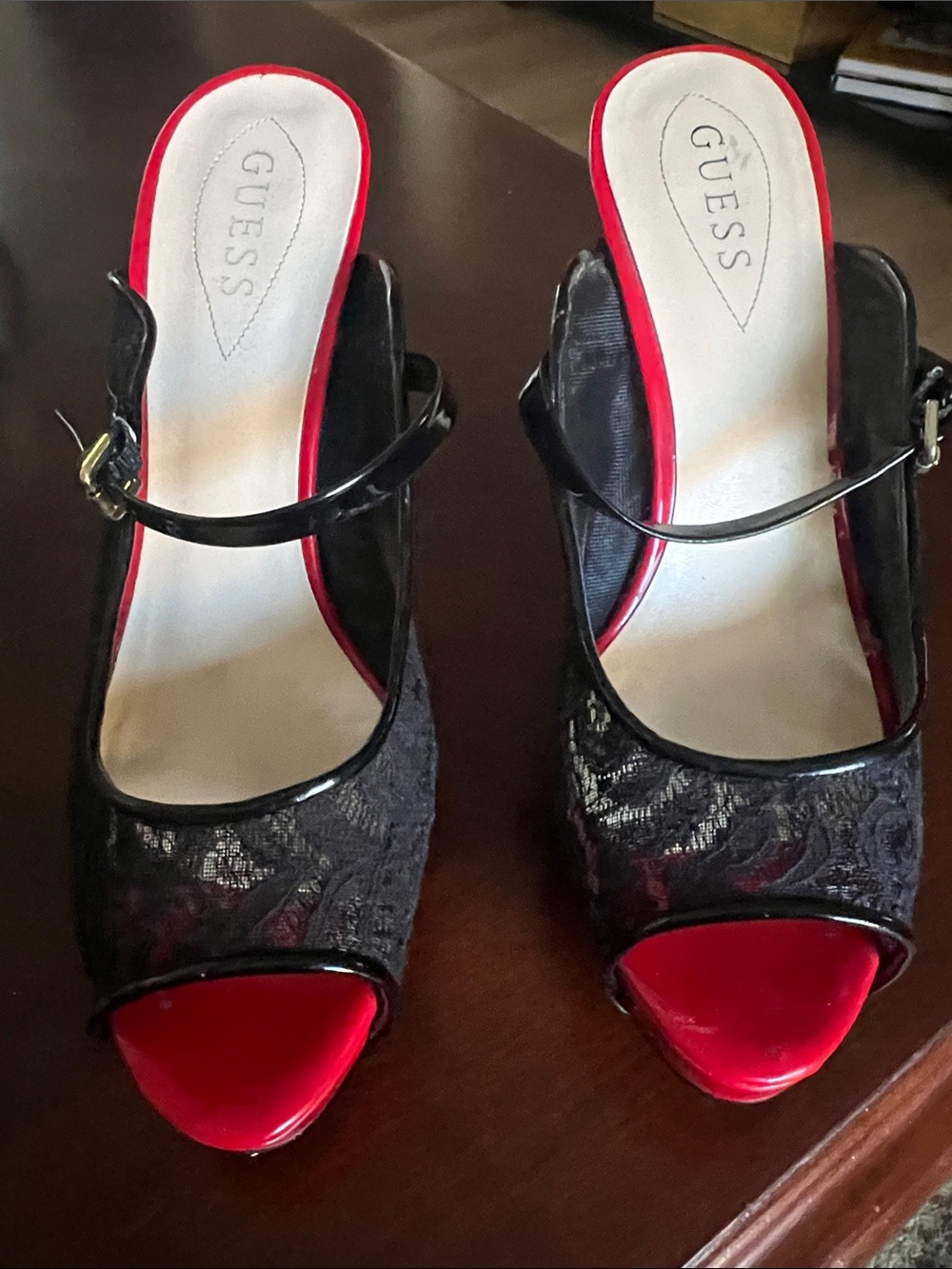 GUESS Black Lace Peep-Toe Heels with Red Patent Trim